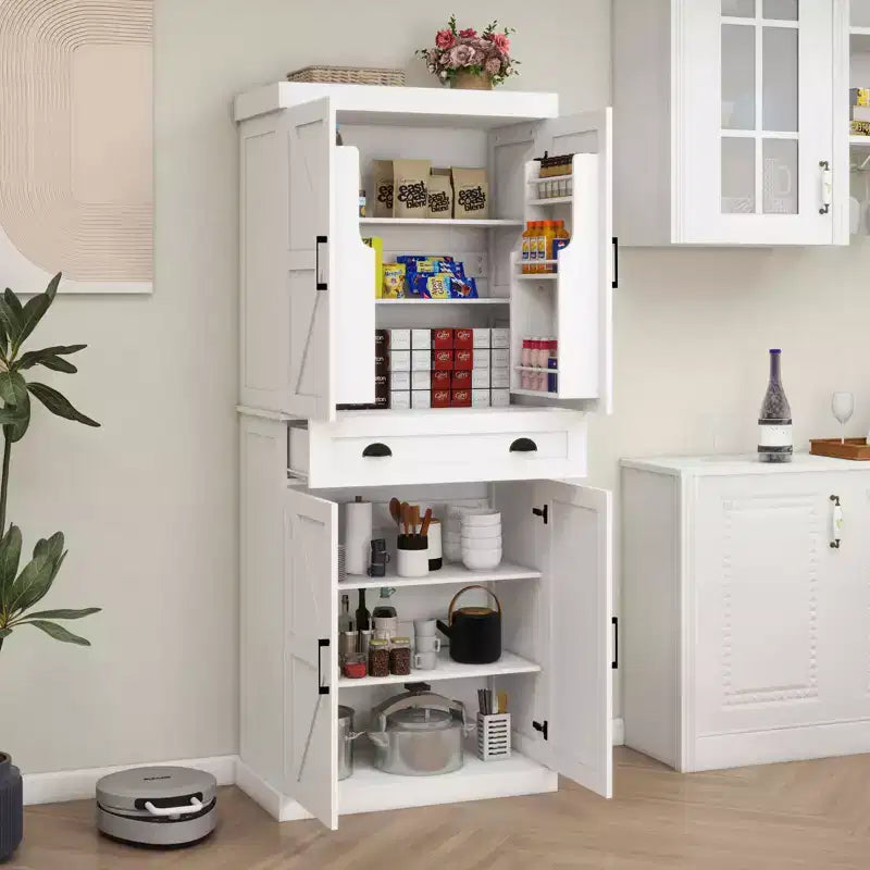Alacena de cocina blanca de 71", 4 puertas (2 con estantes), 1 cajón, 2 estantes ajustables
