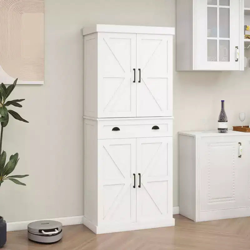 Alacena de cocina blanca de 71", 4 puertas (2 con estantes), 1 cajón, 2 estantes ajustables