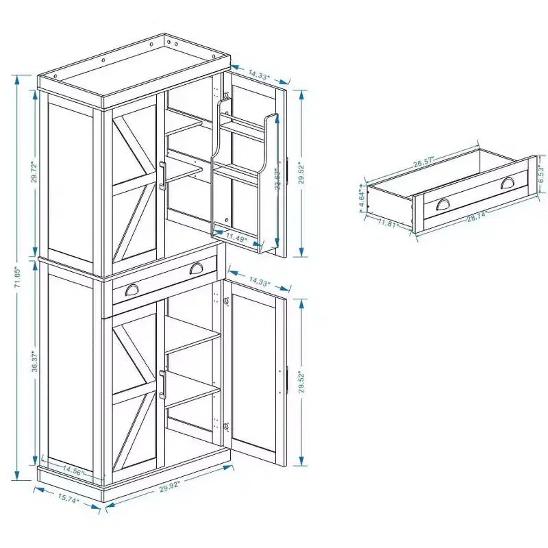 Alacena de cocina blanca de 71", 4 puertas (2 con estantes), 1 cajón, 2 estantes ajustables