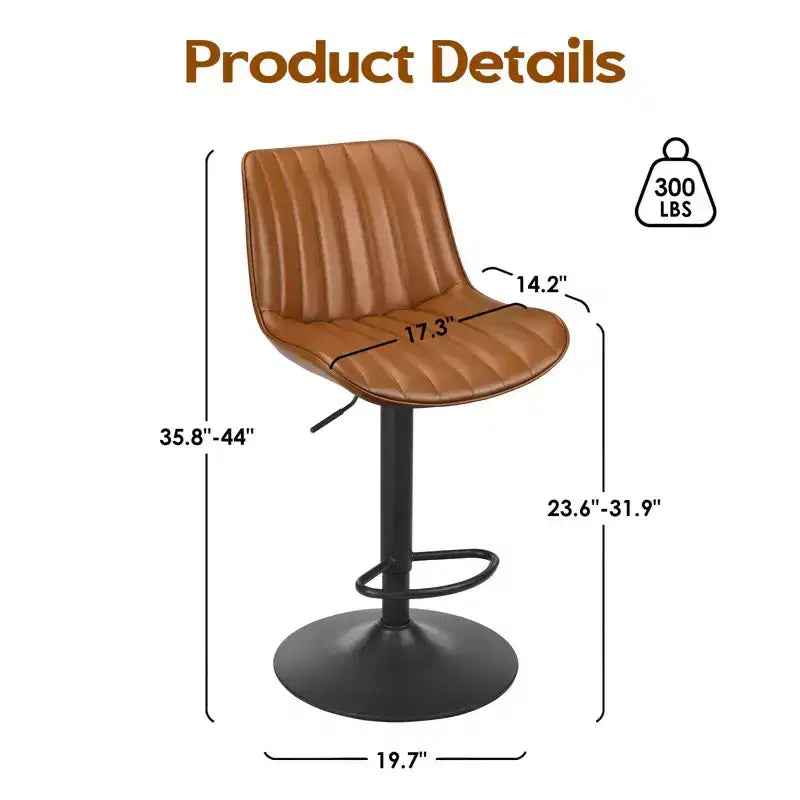Juego de 2 Taburetes de Bar, Taburetes Giratorios Ajustables con Tapicería de Cuero PU y Respaldo, Sillas de Bar de Altura de Mostrador Rústicas