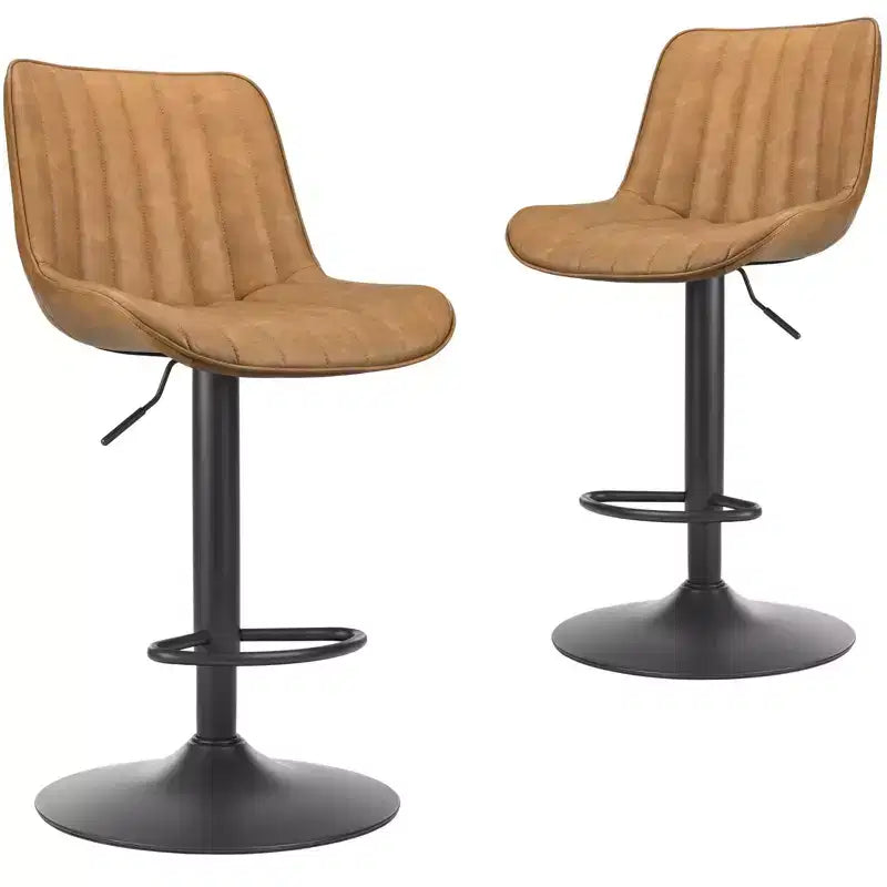 Juego de 2 Taburetes de Bar, Taburetes Giratorios Ajustables con Tapicería de Cuero PU y Respaldo, Sillas de Bar de Altura de Mostrador Rústicas