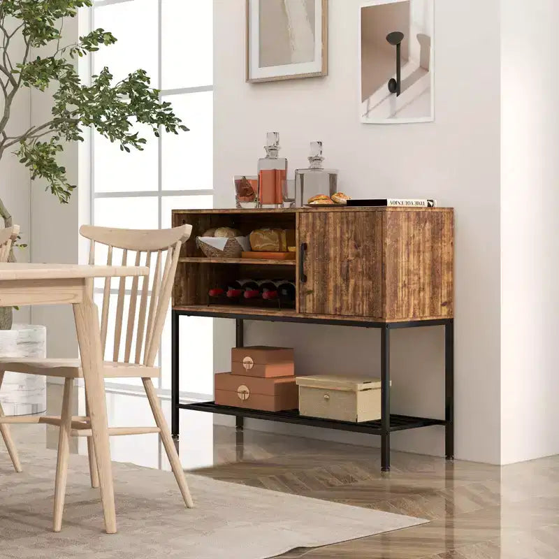 Aparador de bufé con tomas de corriente y puertos USB, estantes para bebidas y almacenamiento, rústico