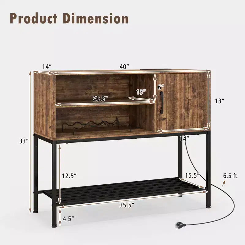 Aparador de bufé con tomas de corriente y puertos USB, estantes para bebidas y almacenamiento, rústico