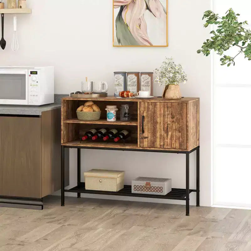 Aparador de bufé con tomas de corriente y puertos USB, estantes para bebidas y almacenamiento, rústico
