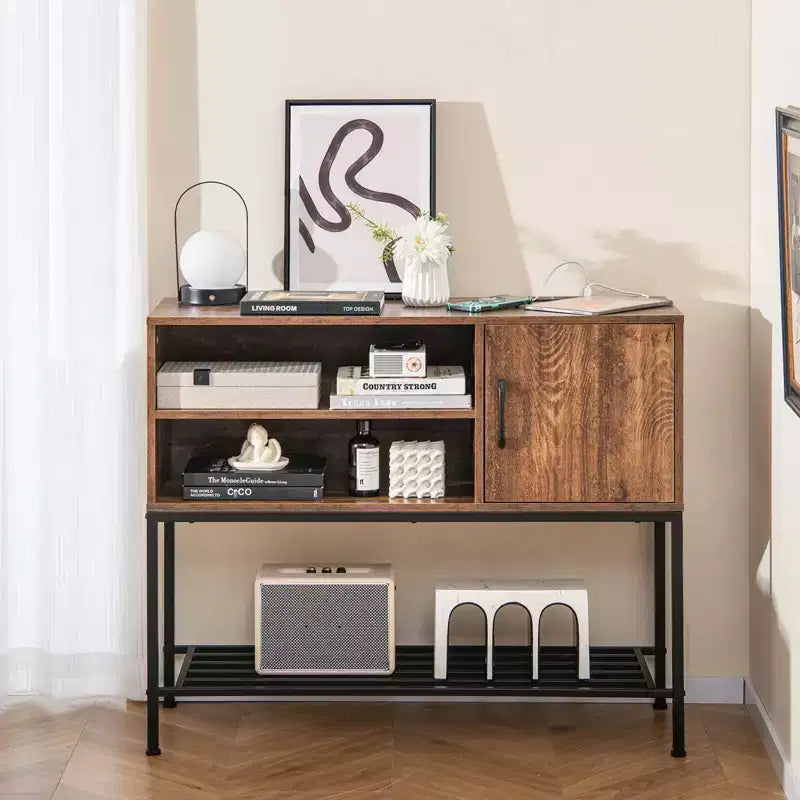 Aparador de bufé con tomas de corriente y puertos USB, estantes para bebidas y almacenamiento, rústico