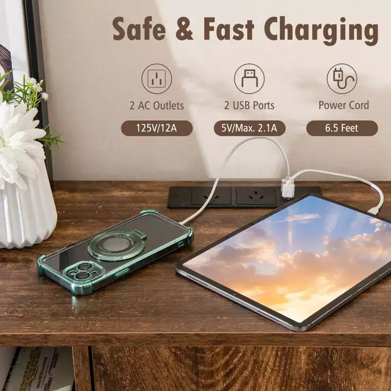 Aparador de bufé con tomas de corriente y puertos USB, estantes para bebidas y almacenamiento, rústico