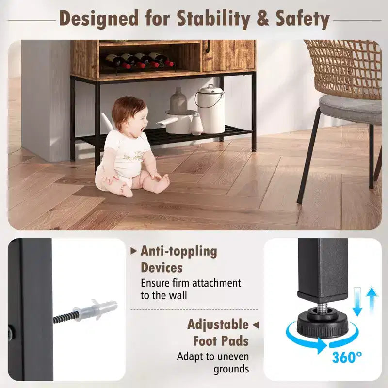 Aparador de bufé con tomas de corriente y puertos USB, estantes para bebidas y almacenamiento, rústico