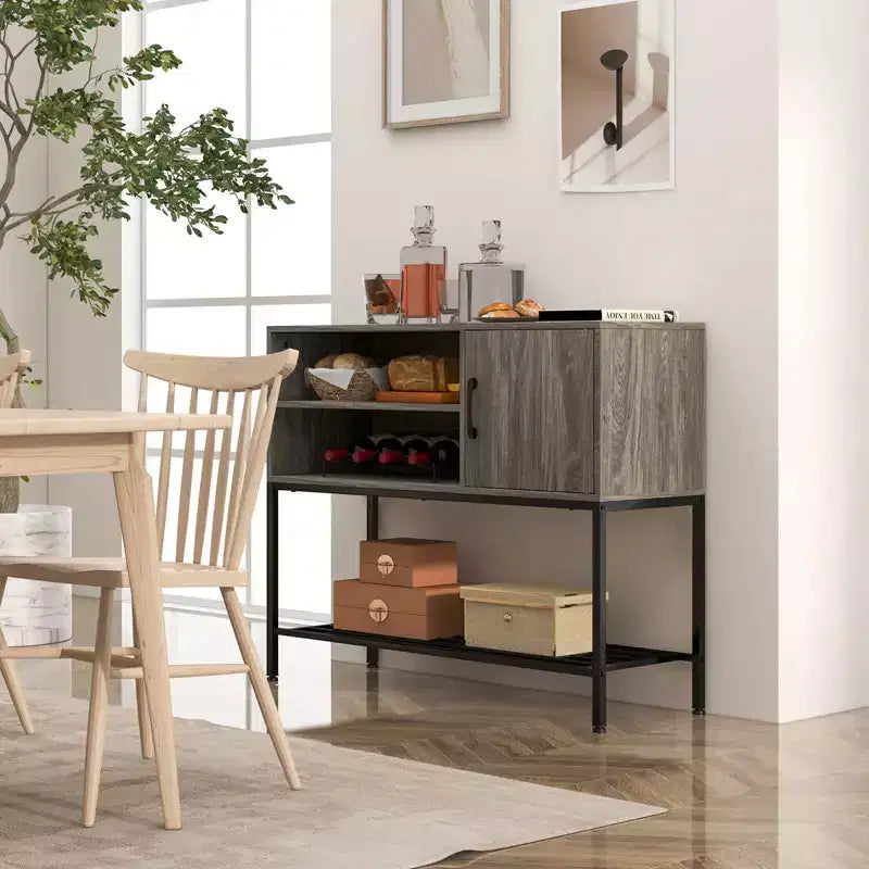 Aparador de bufé con tomas de corriente y puertos USB, estantes para bebidas y almacenamiento, rústico