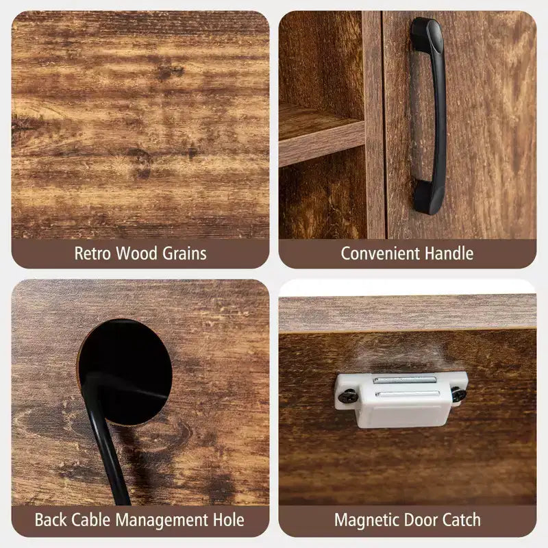 Aparador de bufé con tomas de corriente y puertos USB, estantes para bebidas y almacenamiento, rústico