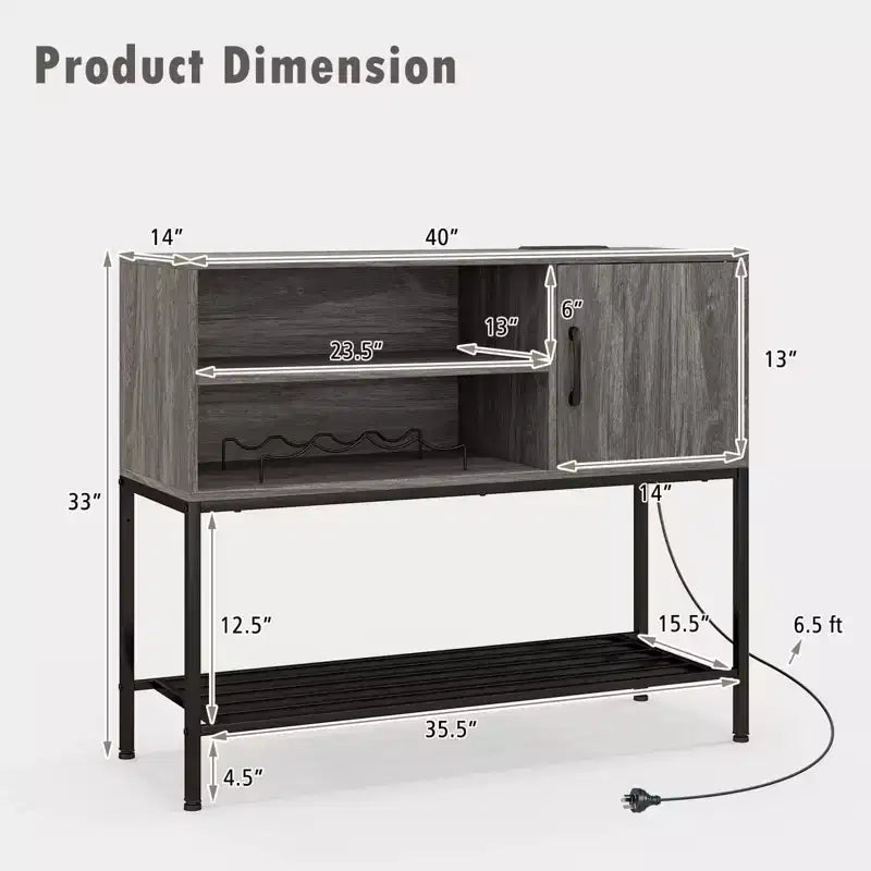 Aparador de bufé con tomas de corriente y puertos USB, estantes para bebidas y almacenamiento, rústico
