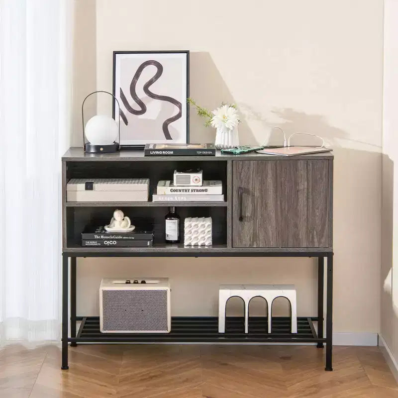 Aparador de bufé con tomas de corriente y puertos USB, estantes para bebidas y almacenamiento, rústico