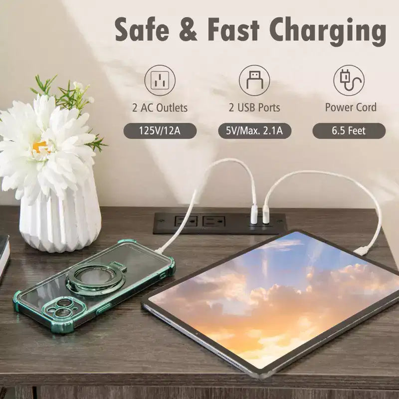 Aparador de bufé con tomas de corriente y puertos USB, estantes para bebidas y almacenamiento, rústico
