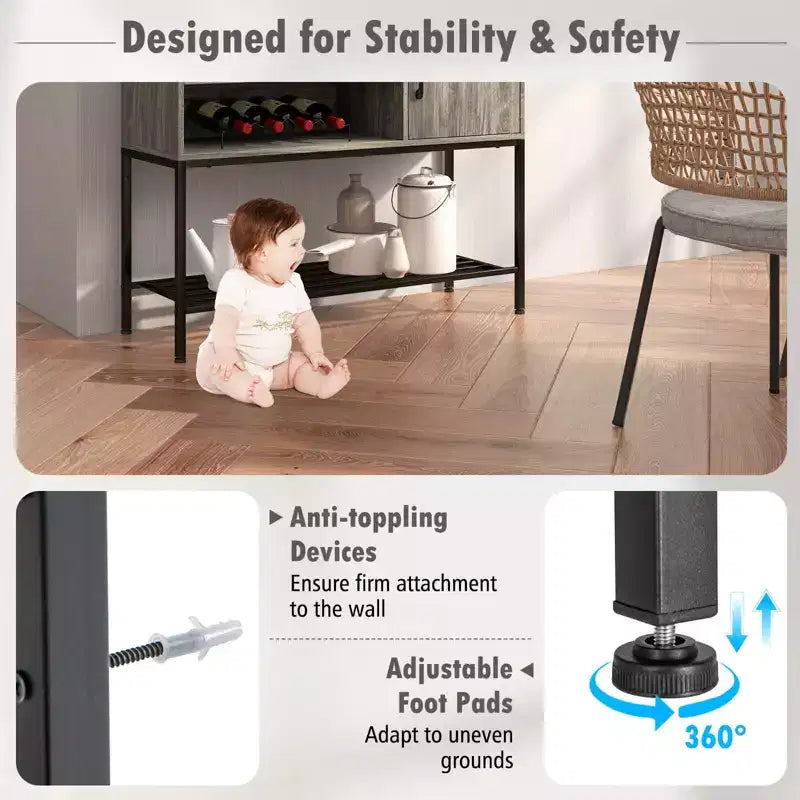 Aparador de bufé con tomas de corriente y puertos USB, estantes para bebidas y almacenamiento, rústico