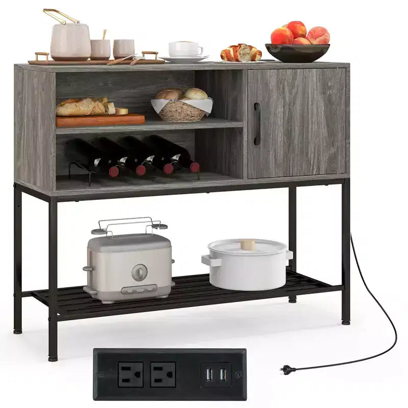 Costway Buffet Sideboard w/ Power Outlets & USB Ports Drink Racks & Storage Shelves Rustic