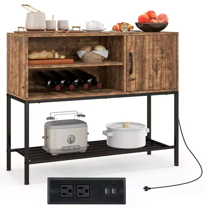 Aparador de bufé con tomas de corriente y puertos USB, estantes para bebidas y almacenamiento, rústico