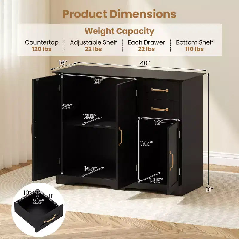 Aparador bufé de 40 pulgadas, gabinete de almacenamiento de cocina moderno con 2 cajones