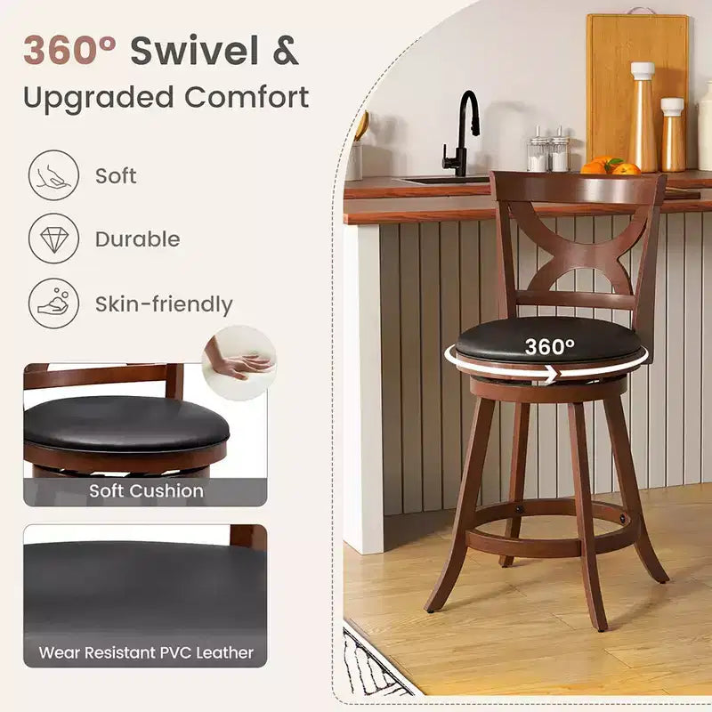 2 taburetes de bar de 24 pulgadas, giratorios 360 grados, altura de mostrador con asiento acolchado de piel de PVC