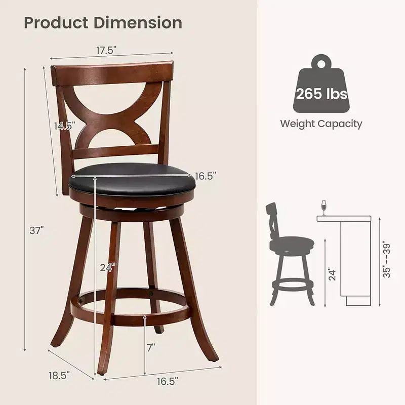 2 taburetes de bar de 24 pulgadas, giratorios 360 grados, altura de mostrador con asiento acolchado de piel de PVC