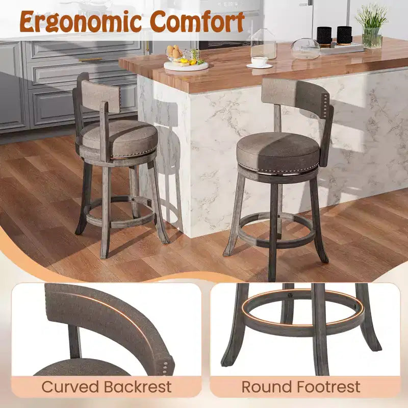 Juego de 2 sillas de 66 cm de altura de mostrador con asiento giratorio de 360 grados, respaldo y asiento acolchado