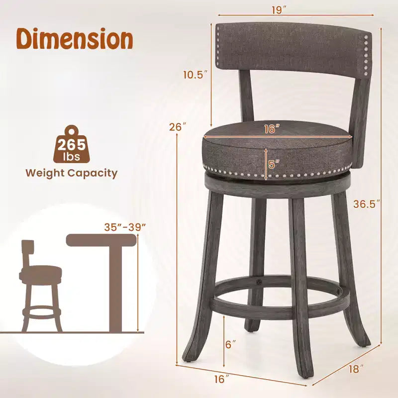 Juego de 2 sillas de 66 cm de altura de mostrador con asiento giratorio de 360 grados, respaldo y asiento acolchado
