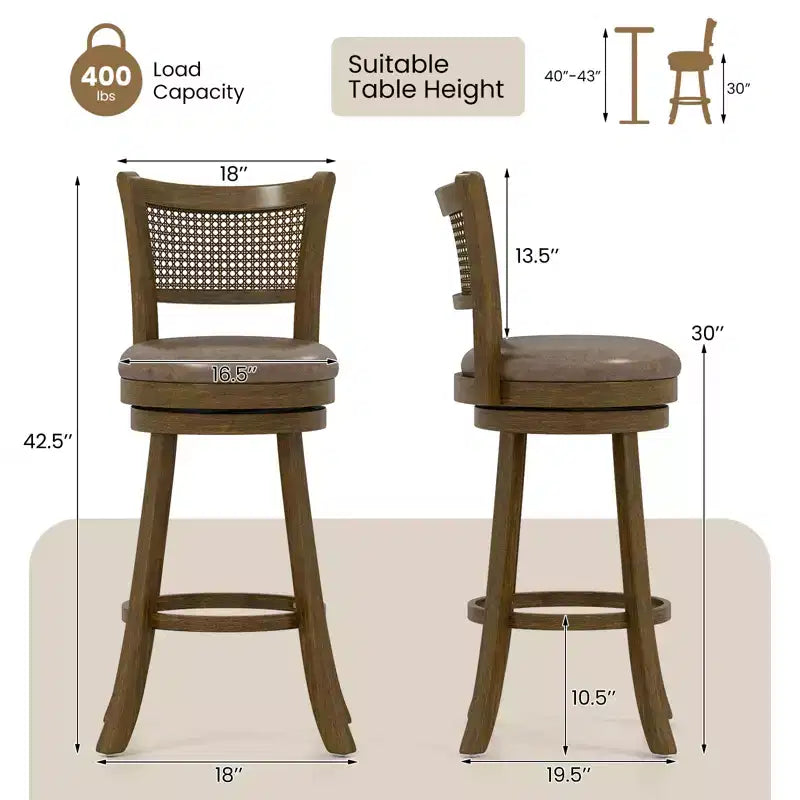 Juego de 2 Taburetes de Bar de 76 cm, Sillas de Bar Giratorias con Respaldo de Ratán PE, Altura de Bar