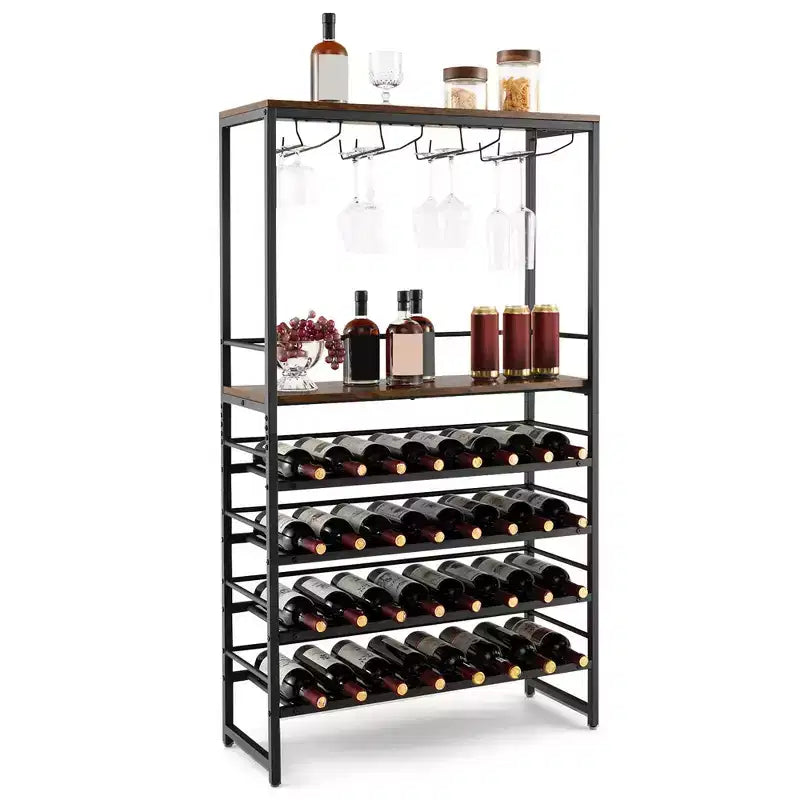 Costway 32 Bottles Drinks Rack Rustic Drinks Storage Holder Freestanding W/ Glass Holder