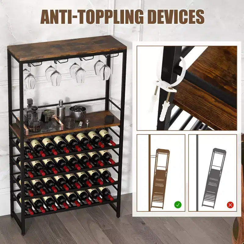 Botellero rústico para 32 botellas con soporte para copas, de pie