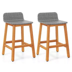 Costway Solid Acacia Wood Bar Stools Set of 2 Rattan Bar Height Patio Chairs for Porch