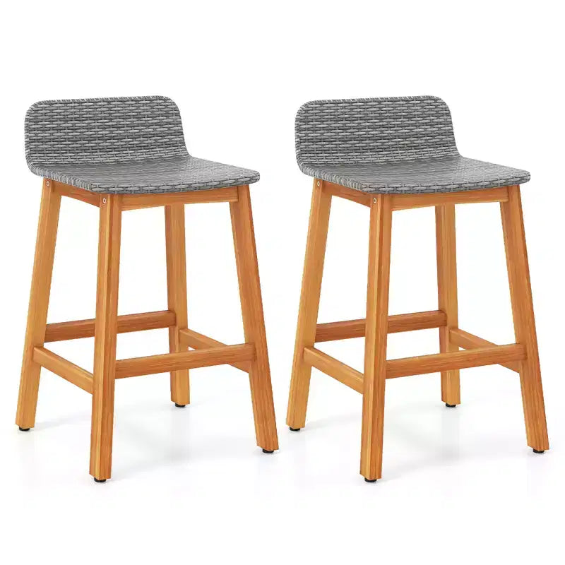 Costway Solid Acacia Wood Bar Stools Set of 2 Rattan Bar Height Patio Chairs for Porch