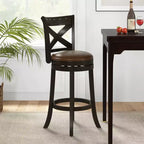 31 Taburete Giratorio de Bar Altura de Bar Asiento de Cuero Sintético Patas de Madera de Caucho Reposapiés