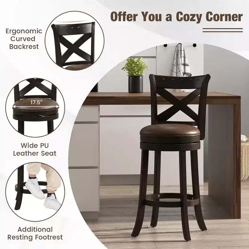 31 Taburete Giratorio de Bar Altura de Bar Asiento de Cuero Sintético Patas de Madera de Caucho Reposapiés