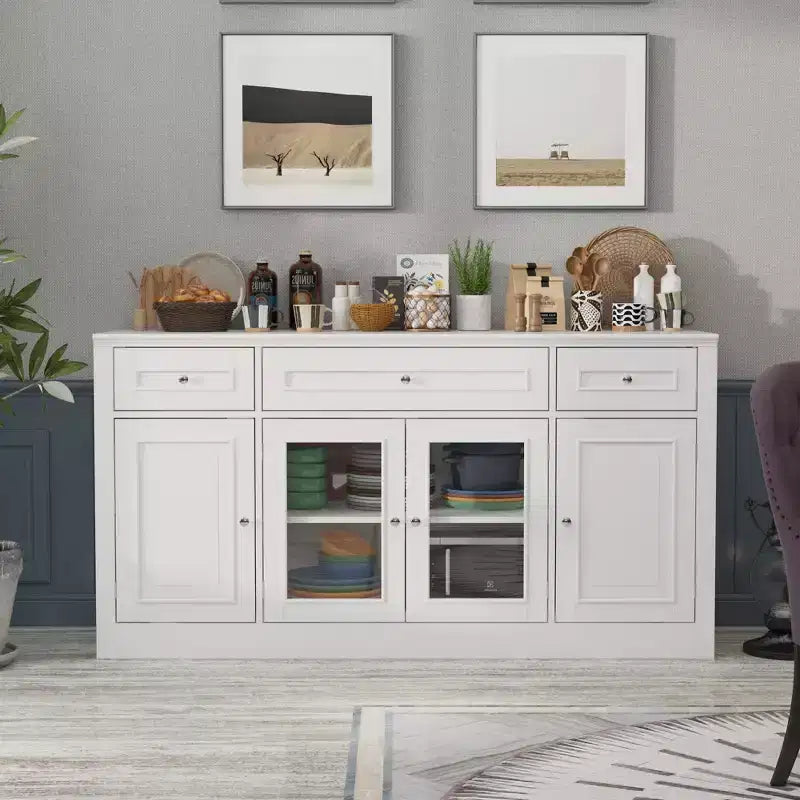 Famapy Dining Buffet Sideboard with 3-Drawer & 4 Glass Doors,Kitchen & Dining Room Organizer,Pantry Cabinet for Tableware Storage