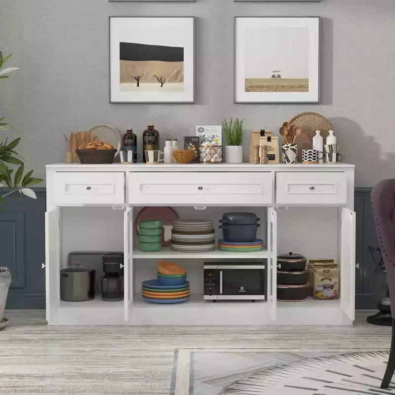 Aparador para comedor con bufé, 3 cajones y 4 puertas de cristal, organizador para cocina y comedor, despensa para guardar vajilla