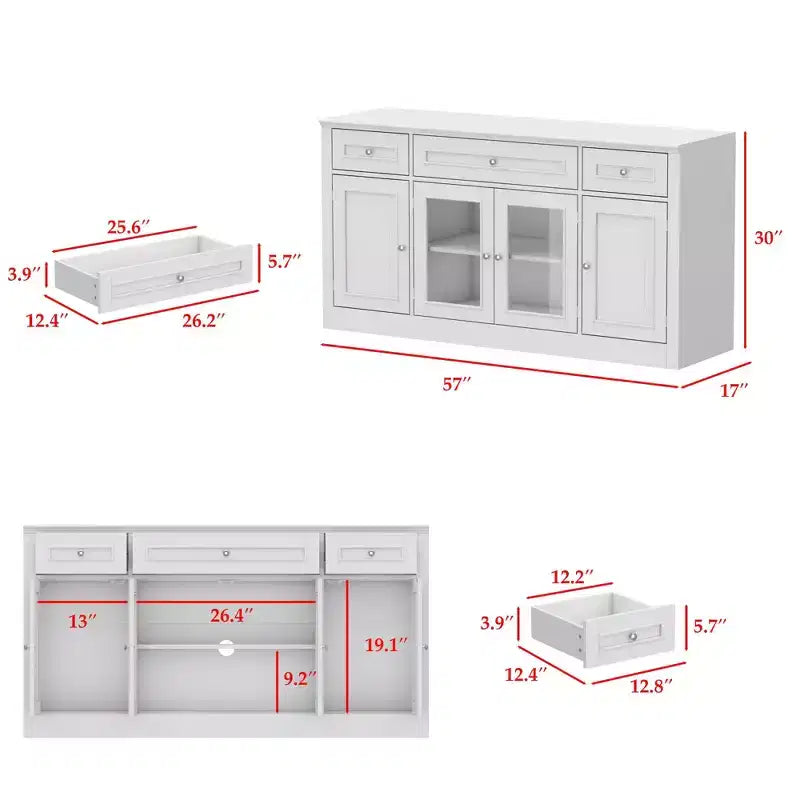 Aparador para comedor con bufé, 3 cajones y 4 puertas de cristal, organizador para cocina y comedor, despensa para guardar vajilla