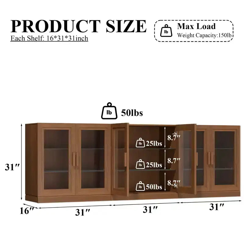 Aparador de 3 cuerpos con puertas de cristal y estantes ajustables - 93Lx31H