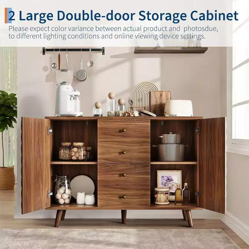 Aparador con 4 cajones, aparador tipo buffet con almacenamiento, aparadores modernos de mediados de siglo con 2 puertas, para cocina, comedor, sala de estar
