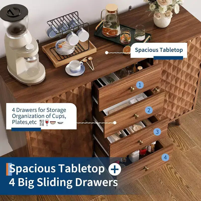 Aparador con 4 cajones, aparador tipo buffet con almacenamiento, aparadores modernos de mediados de siglo con 2 puertas, para cocina, comedor, sala de estar