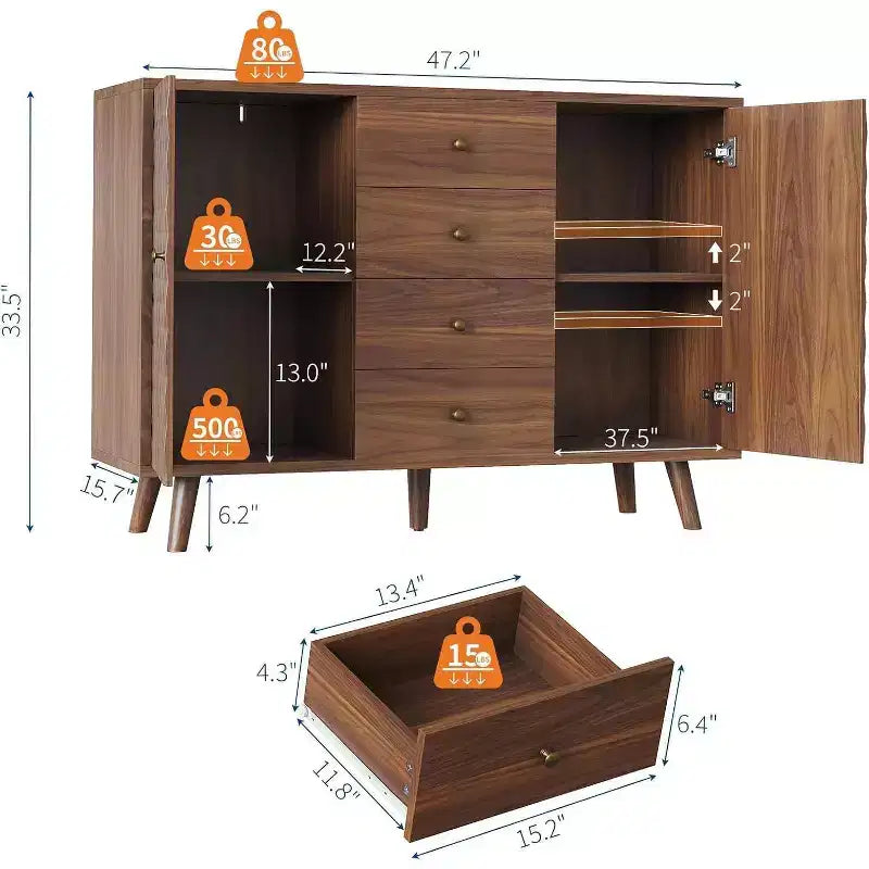 Aparador con 4 cajones, aparador tipo buffet con almacenamiento, aparadores modernos de mediados de siglo con 2 puertas, para cocina, comedor, sala de estar