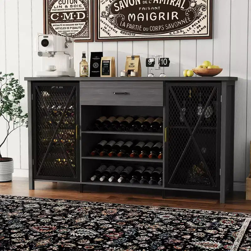 71'' Wine Bar Cabinet, Modern Buffet Cabinet with Storage Drawer and Adjustable Shelf, Industrial Coffee Bar Table with Wine Racks for Kitchen