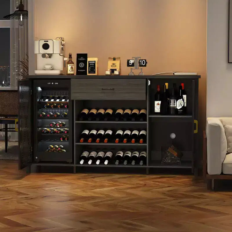 Armario de bar para vinos de 71'', aparador moderno con cajón de almacenamiento y estante ajustable, mesa de bar de café industrial con botelleros para cocina