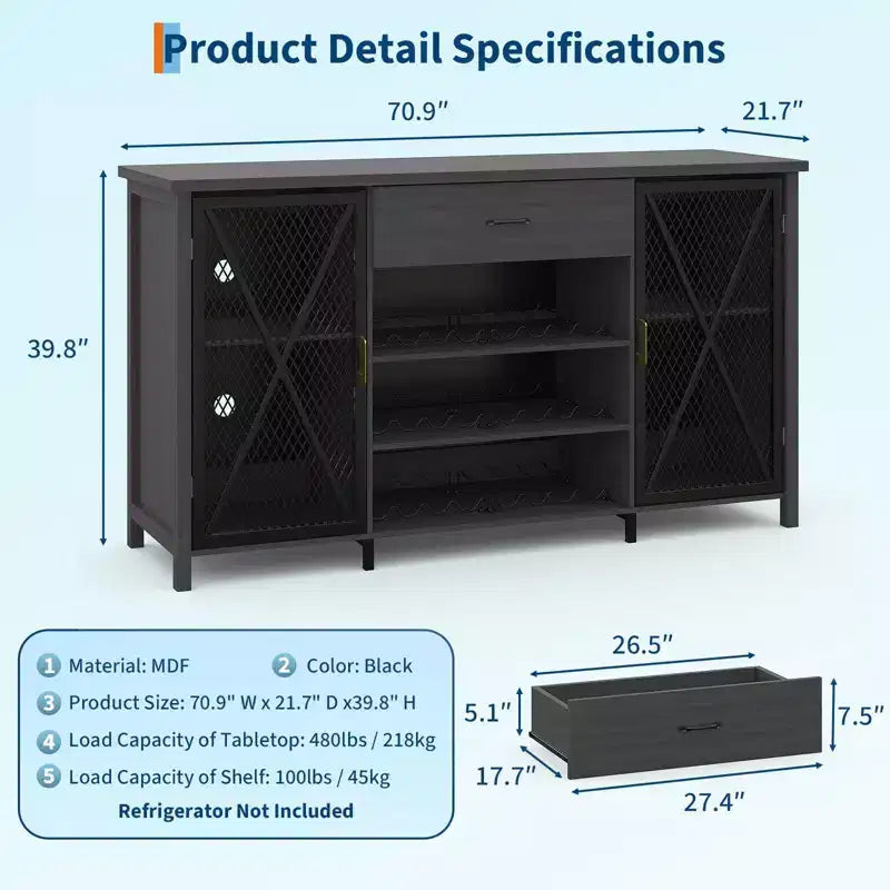 Armario de bar para vinos de 71'', aparador moderno con cajón de almacenamiento y estante ajustable, mesa de bar de café industrial con botelleros para cocina