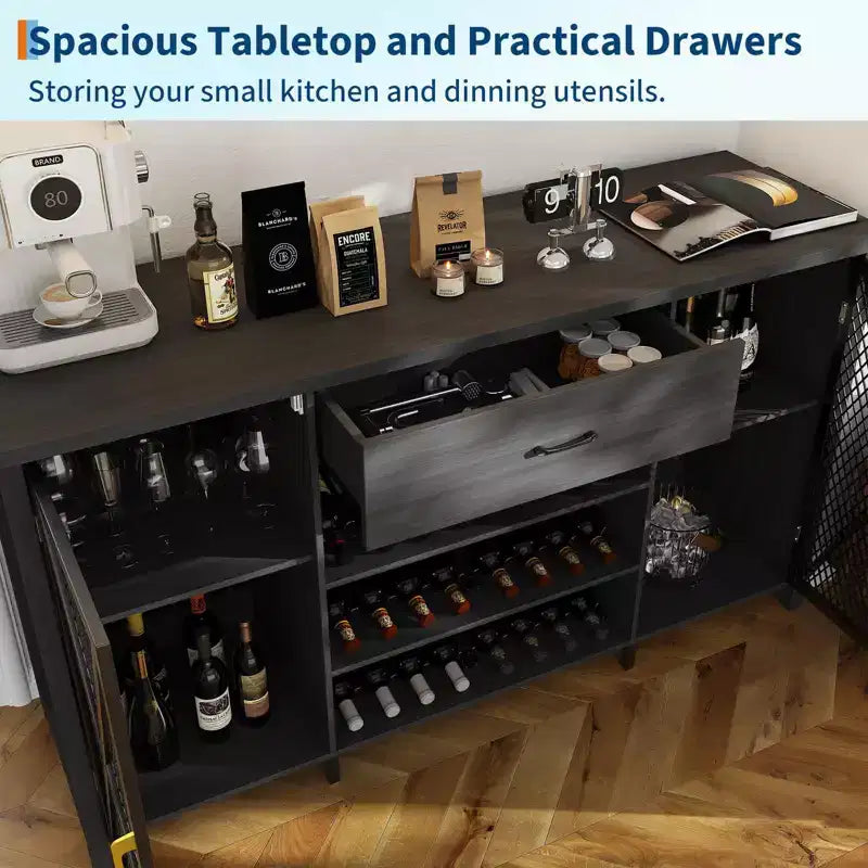 Armario de bar para vinos de 71'', aparador moderno con cajón de almacenamiento y estante ajustable, mesa de bar de café industrial con botelleros para cocina