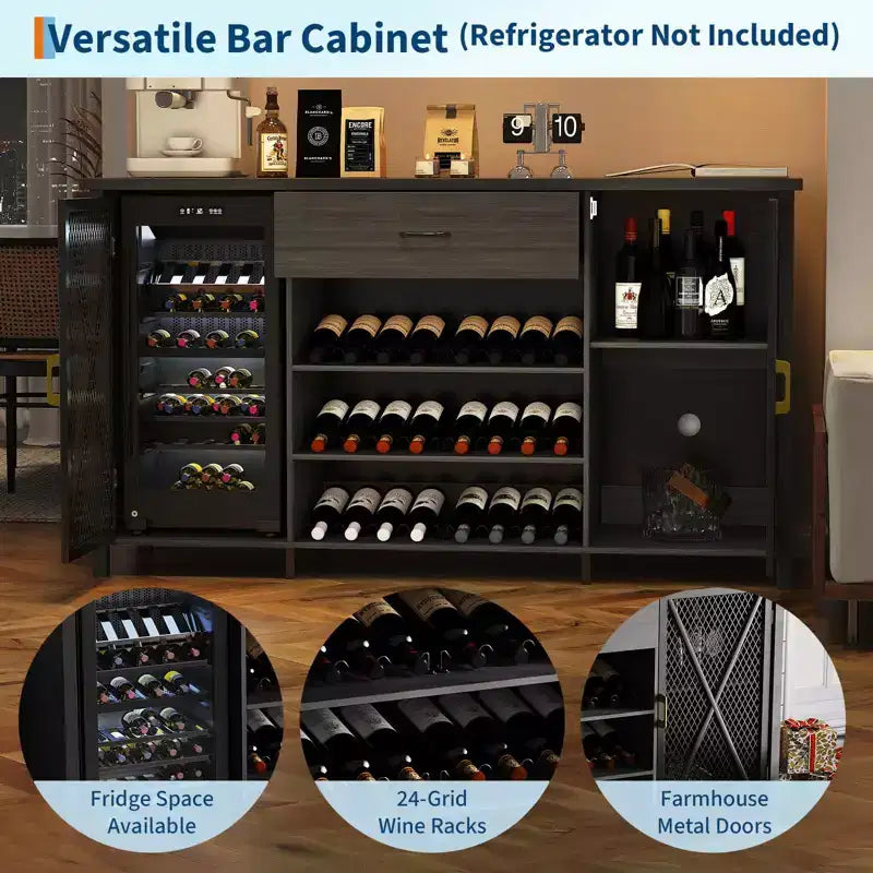 Armario de bar para vinos de 71'', aparador moderno con cajón de almacenamiento y estante ajustable, mesa de bar de café industrial con botelleros para cocina