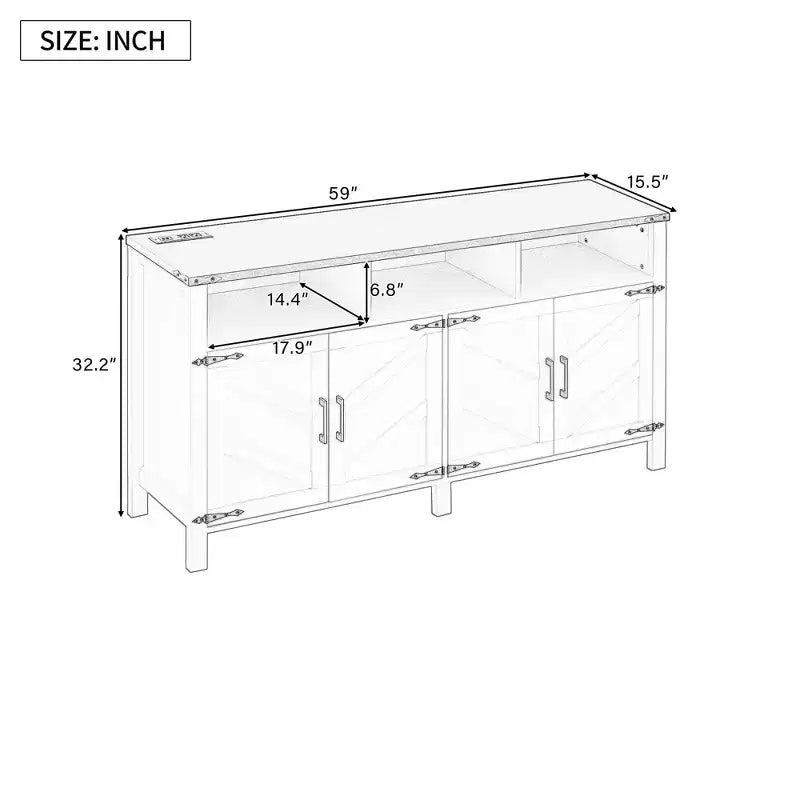 Aparador moderno de 3 estantes y 4 puertas, gabinete de almacenamiento semiabierto para comedor, gabinetes de despensa de cocina con tomas de corriente y puertos USB