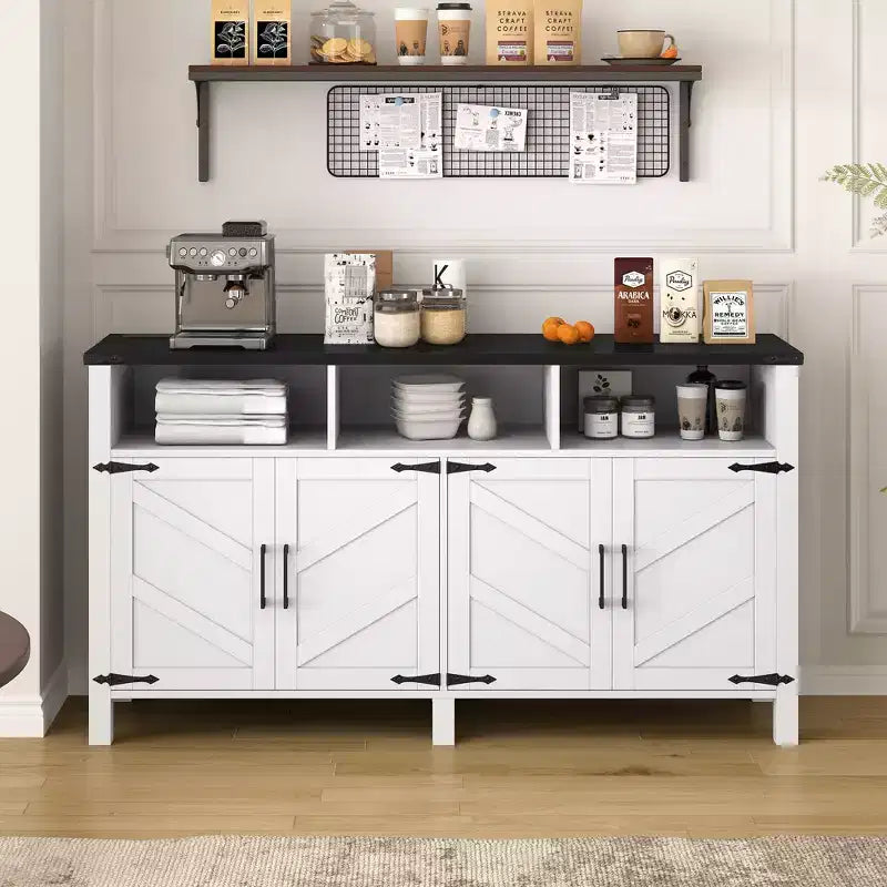 Aparador moderno de 3 estantes y 4 puertas, gabinete de almacenamiento semiabierto para comedor, gabinetes de despensa de cocina con tomas de corriente y puertos USB