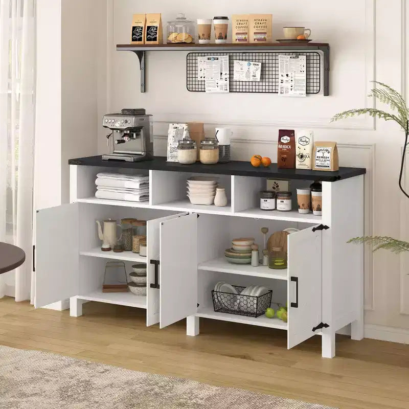 Aparador moderno de 3 estantes y 4 puertas, gabinete de almacenamiento semiabierto para comedor, gabinetes de despensa de cocina con tomas de corriente y puertos USB