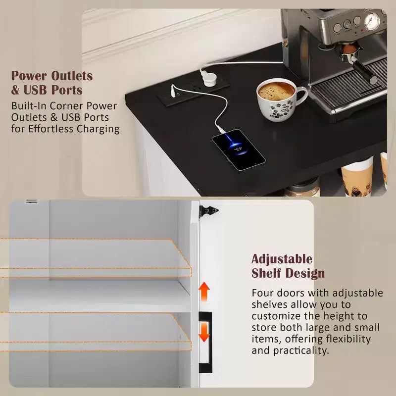 Aparador moderno de 3 estantes y 4 puertas, gabinete de almacenamiento semiabierto para comedor, gabinetes de despensa de cocina con tomas de corriente y puertos USB