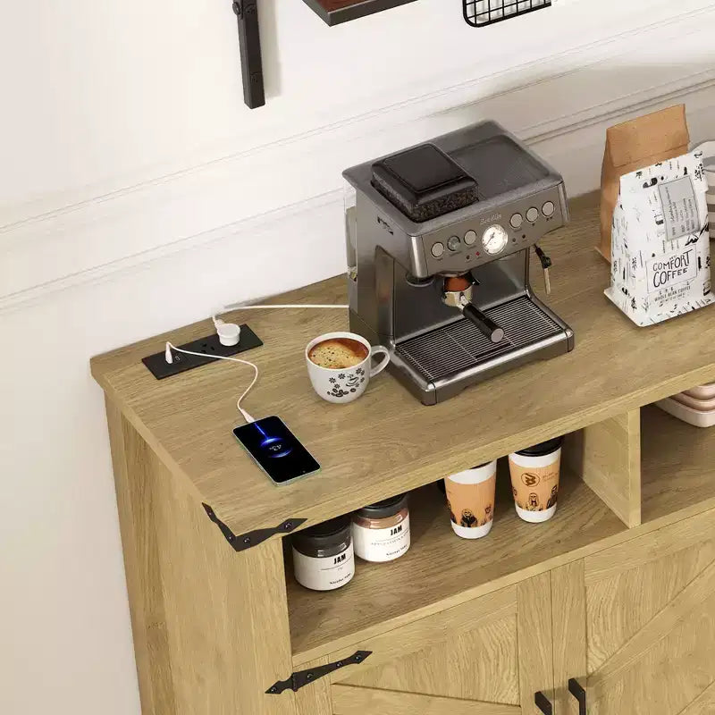 Aparador moderno de 3 estantes y 4 puertas, gabinete de almacenamiento semiabierto para comedor, gabinetes de despensa de cocina con tomas de corriente y puertos USB