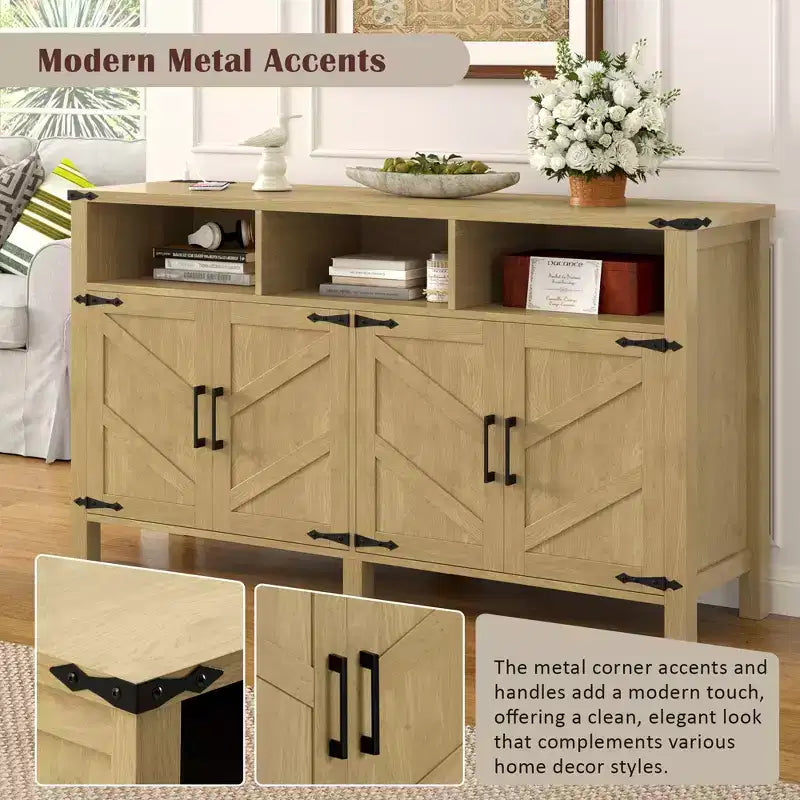 Aparador moderno de 3 estantes y 4 puertas, gabinete de almacenamiento semiabierto para comedor, gabinetes de despensa de cocina con tomas de corriente y puertos USB