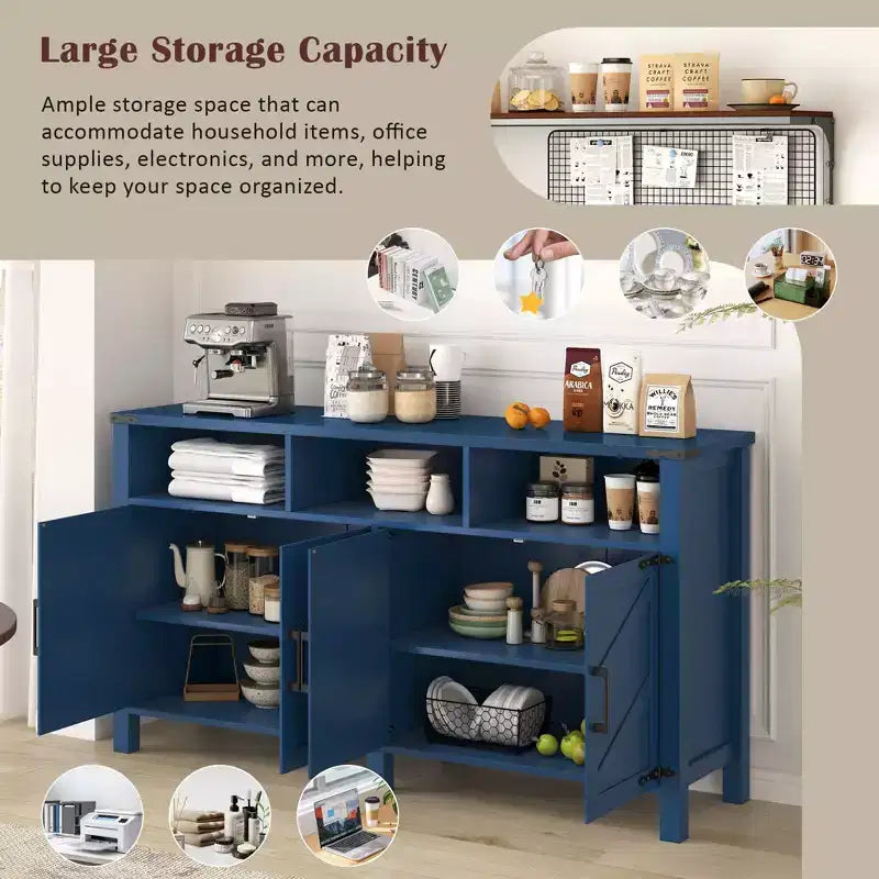 Aparador moderno de 3 estantes y 4 puertas, gabinete de almacenamiento semiabierto para comedor, gabinetes de despensa de cocina con tomas de corriente y puertos USB